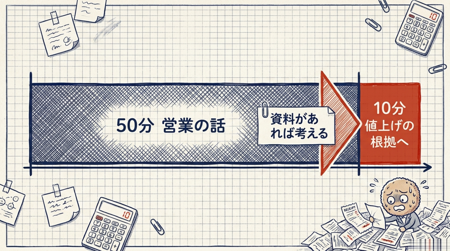 面談の流れ。50分は営業の話、最後の10分で値上げの根拠資料づくりへ舵が切れた図