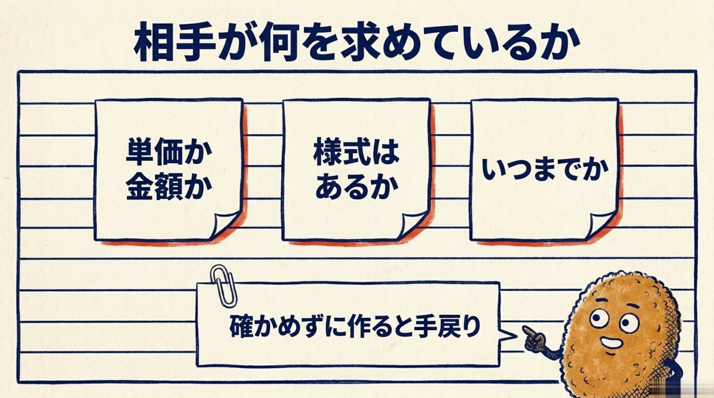 相手に確かめる3つ。単価か金額か・様式はあるか・いつまでか、を並べた図