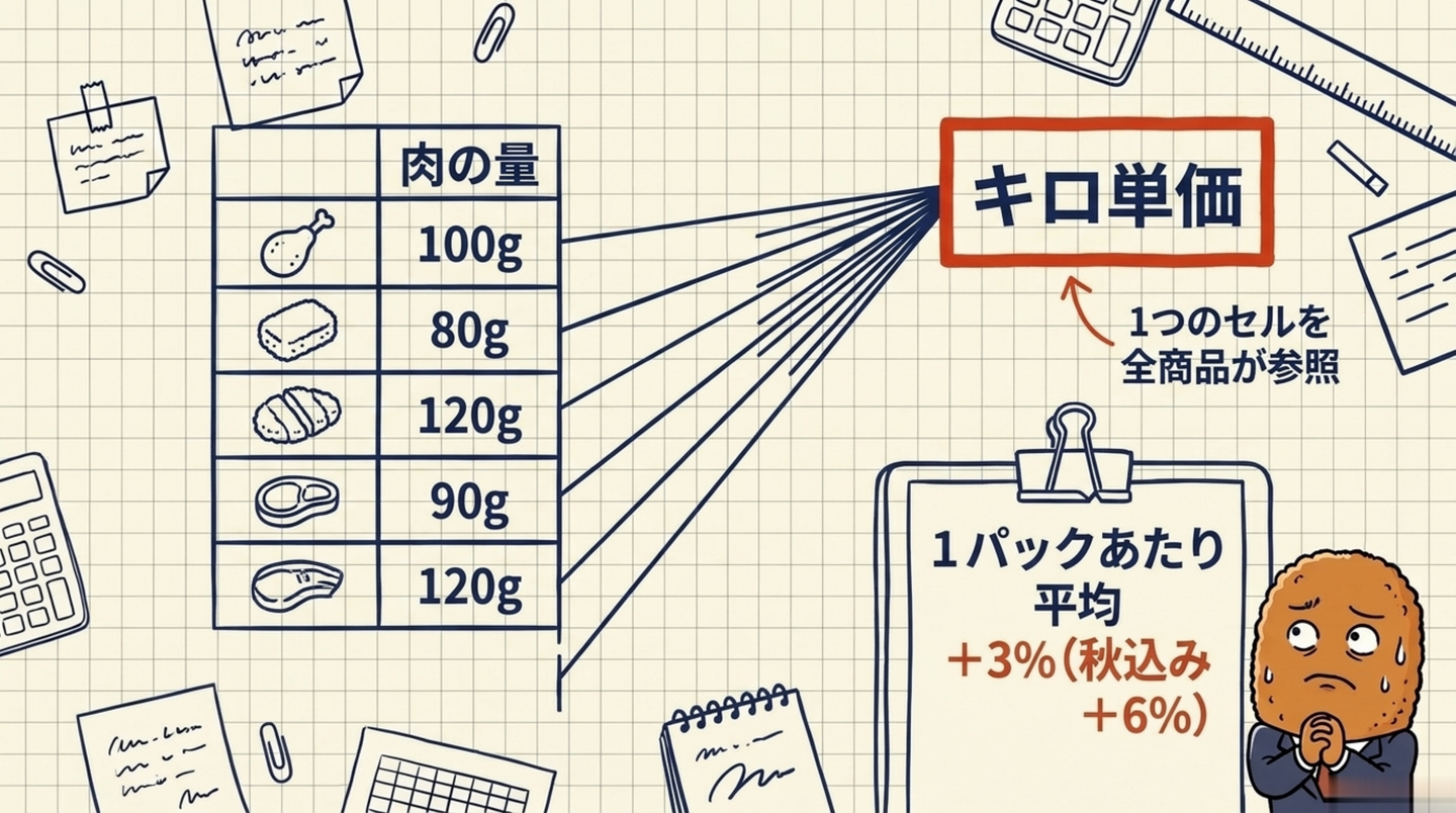 単価一覧のExcelの中身。商品ごとの肉の量に、1つのセルのキロ単価を掛けて材料費が出る仕組みの図