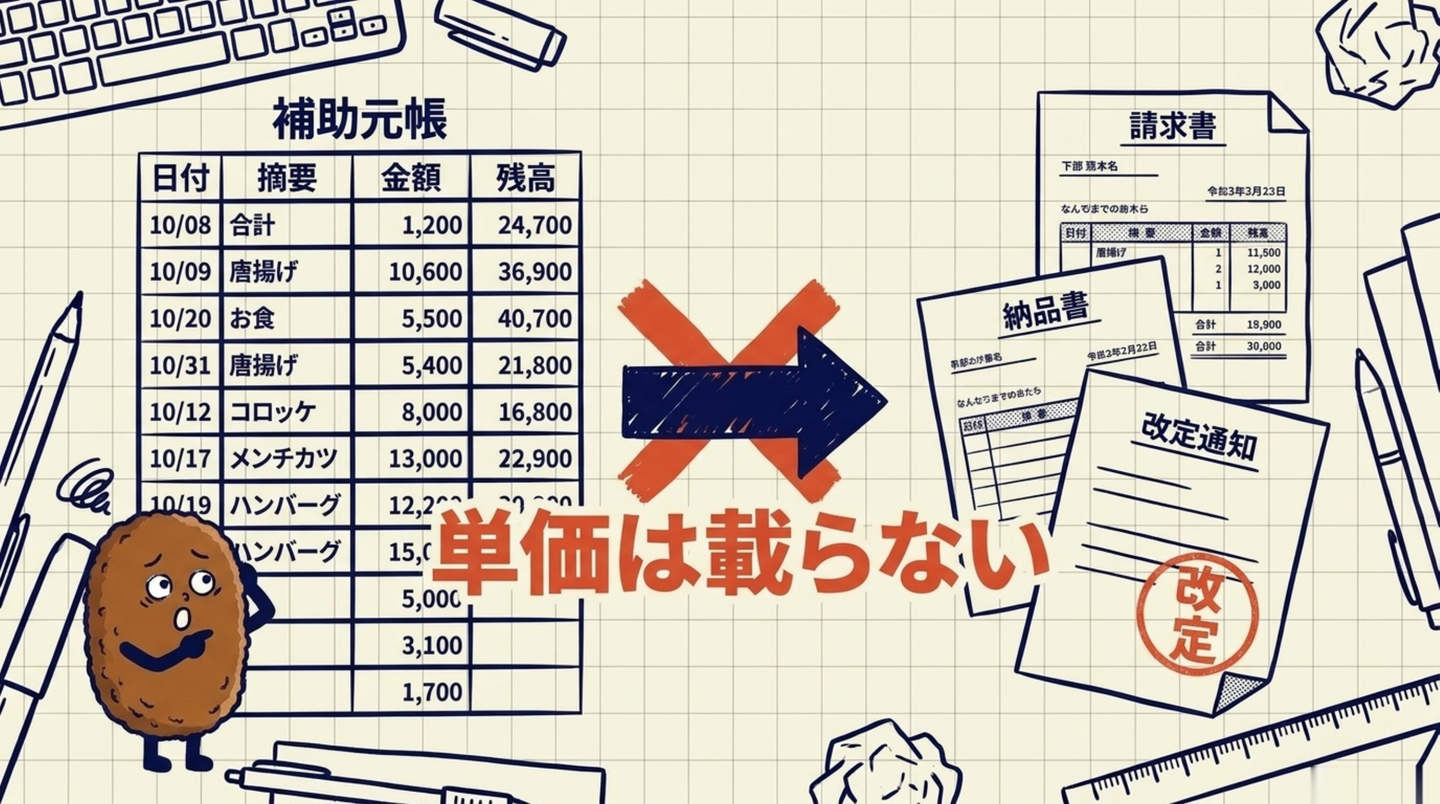 会計データで取れるものと取れないもの。金額は取れるが単価は請求書・納品書・改定通知にしか無い図