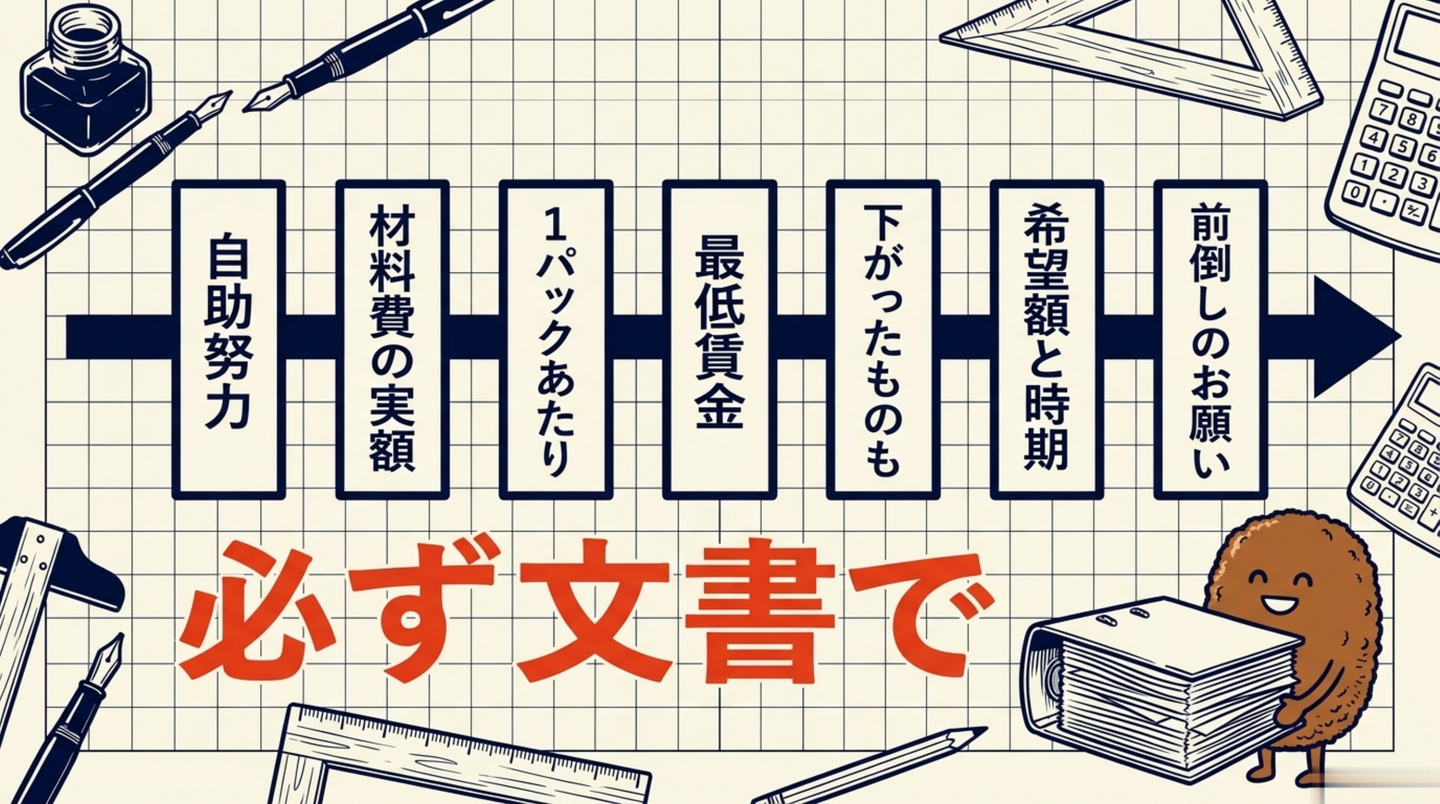 資料の組み立ての順番。自助努力から前倒しのお願いまで7つを左から右へ一直線に並べた図