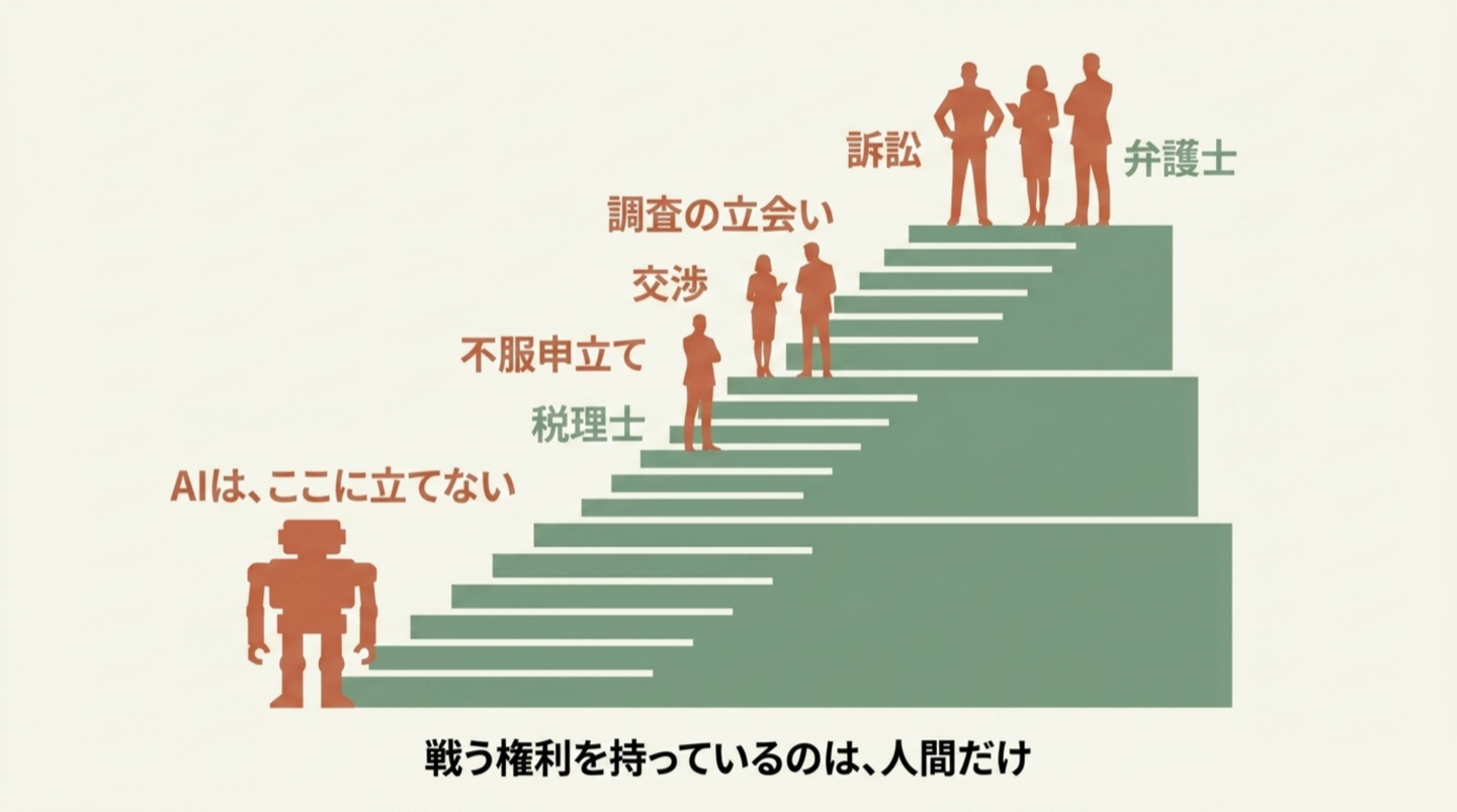 階段の図。一番下にロボットがいて「AIは、ここに立てない」、中ほどに税理士（不服申立て・交渉・調査の立会い）、一番上に弁護士（訴訟）。下に「戦う権利を持っているのは、人間だけ」