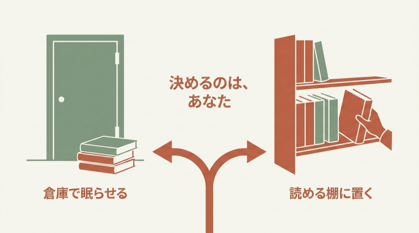 分かれ道の図。左は倉庫の扉の前に積まれた帳簿で「倉庫で眠らせる」、右は本棚から1冊を取り出す手で「読める棚に置く」。中央に「決めるのは、あなた」