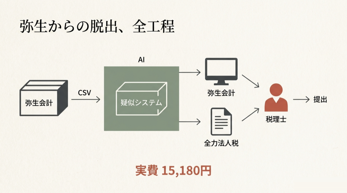 弥生からの脱出、全工程。弥生会計からCSVを出し、AIの中の疑似システムで決算を組み、出口は弥生会計と全力法人税の二つ。税理士を経て提出。実費15,180円