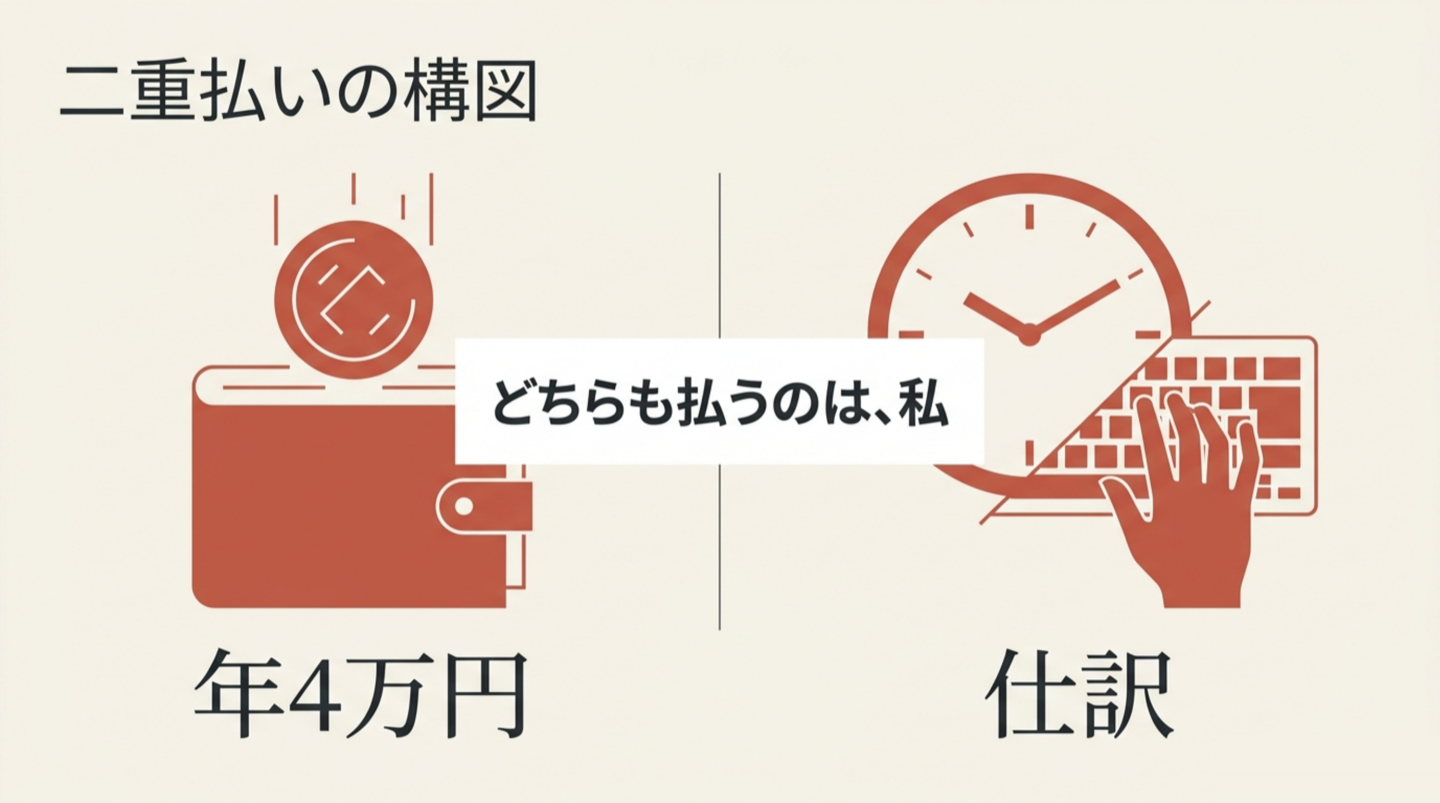二重払いの構図。左に年4万円のソフト代、右に仕訳を打つ時間。中央に「どちらも払うのは、私」
