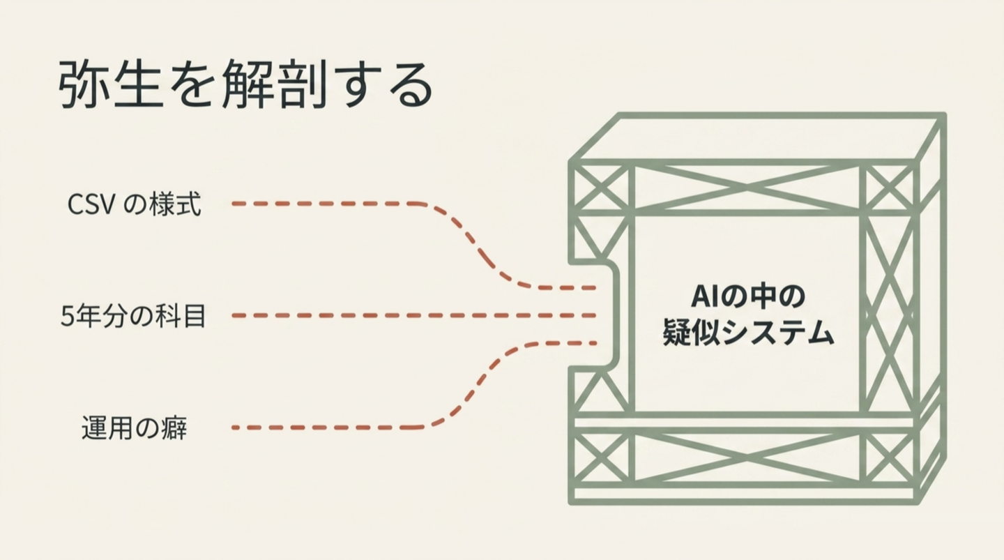弥生を解剖する。CSVの様式・5年分の科目・運用の癖という三つの材料が、AIの中の疑似システムという箱に入っていく図