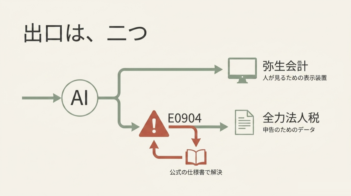 出口は、二つ。AIの中の決算が二股に分かれ、上は弥生会計（人が見るための表示装置）、下は全力法人税（申告のためのデータ）へ。下の枝にエラーE0904と、公式の仕様書で解決したことを示す矢印
