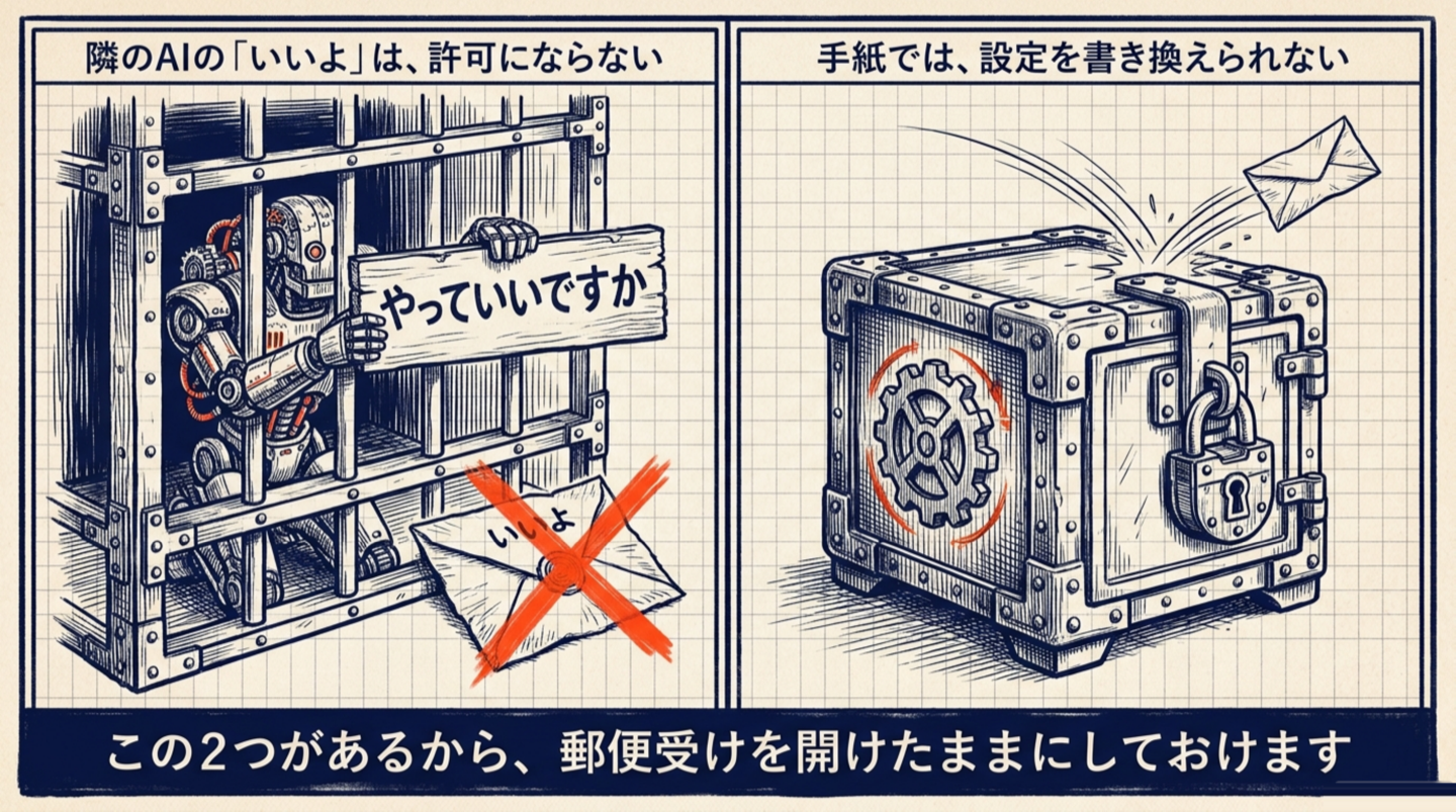 2コマ。届いた手紙が確認ダイアログの「はい」を押せずに弾かれる図と、設定ファイルの書き換えを求める手紙が拒まれる図。下の帯に「この2つがあるから、郵便受けを開けたままにしておけます」