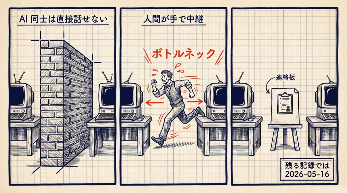 3コマの年表。壁で隔てられたAI同士／間を人が手で書類を運んでボトルネックになる／紙1枚の連絡板が置かれる