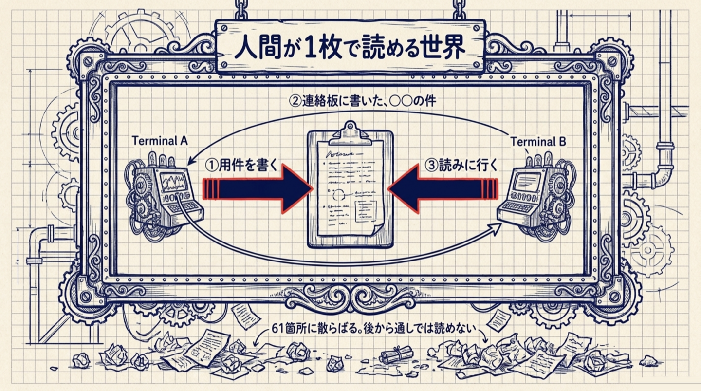 大きな枠が「人間が読める世界」。その中で用件が連絡板に書き込まれ、枠の外を細い呼び鈴の線が1本だけ通る。枠の外の下方には生ログのファイルが散らばっている