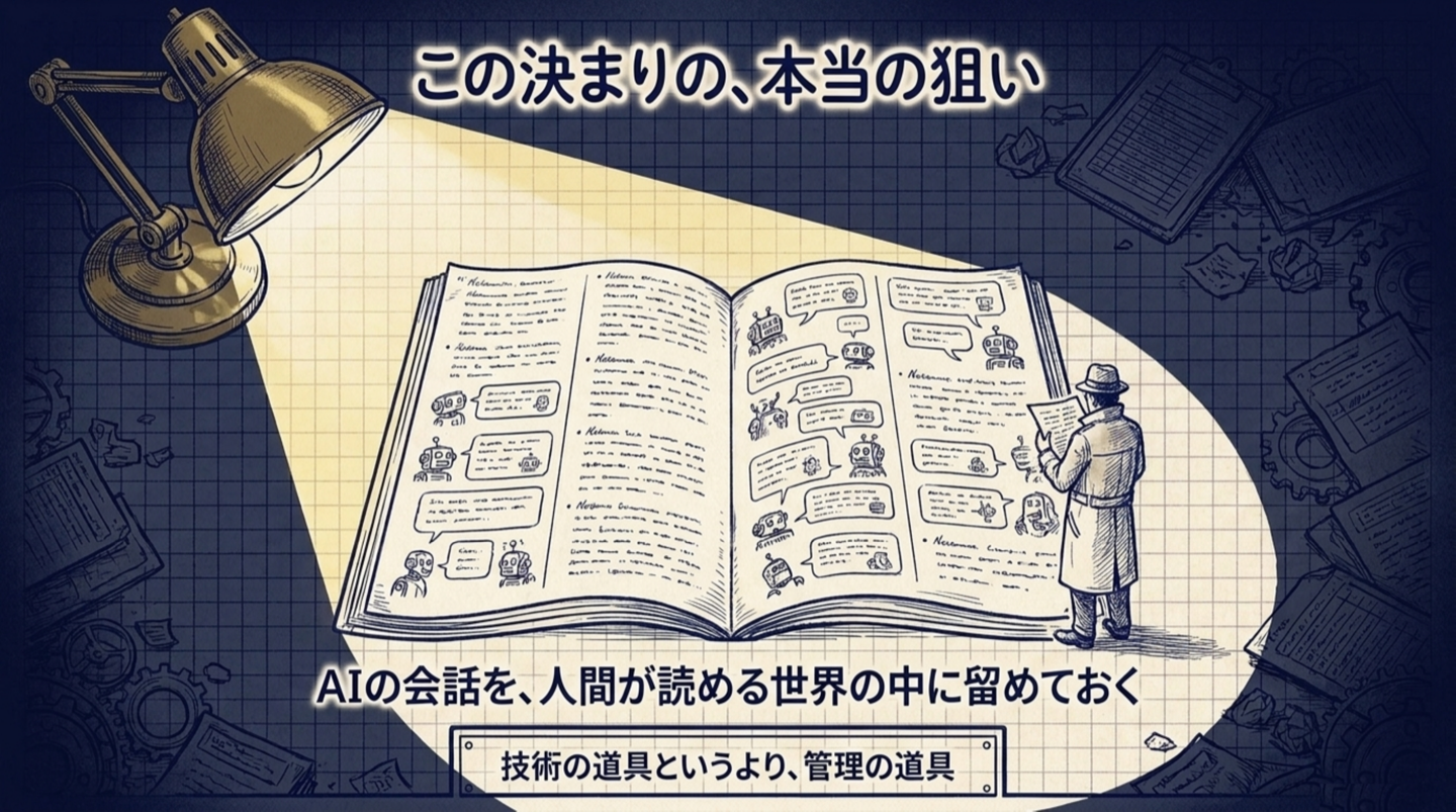 暗がりの中、机の上のランプに照らされて1枚の紙が浮かび、人がそれを読んでいる。周囲の暗い部分ではAIたちがやり取りをしている