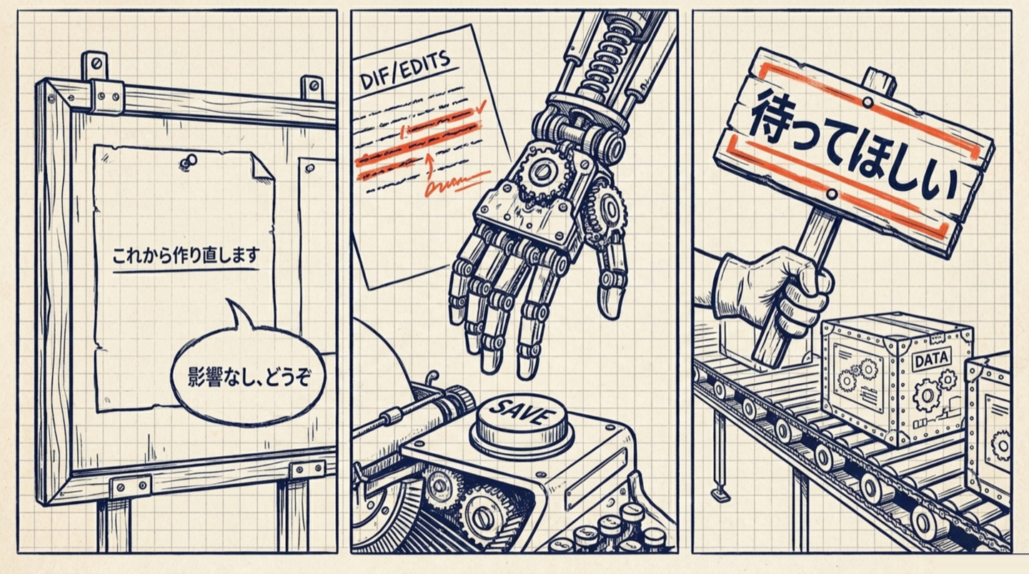 3コマ。「これから作り直します」「影響なし、どうぞ」のやり取り／保存の直前で手が止まる／出荷のベルトコンベアの前に一時停止の手のひら