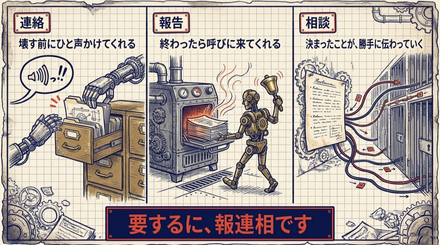 3コマ。「連絡＝壊す前にひと声かけてくれる」「報告＝終わったら呼びに来てくれる」「相談＝決まったことが、勝手に伝わっていく」。下の帯に「要するに、報連相です」