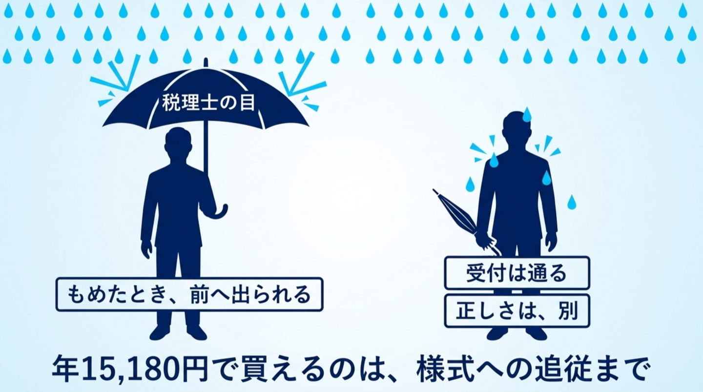 雨の中、税理士の目という傘の下にいる人（もめたとき、前へ出られる）と、傘を閉じて濡れている人（受付は通る・正しさは、別）を並べた図。下に「年15,180円で買えるのは、様式への追従まで」